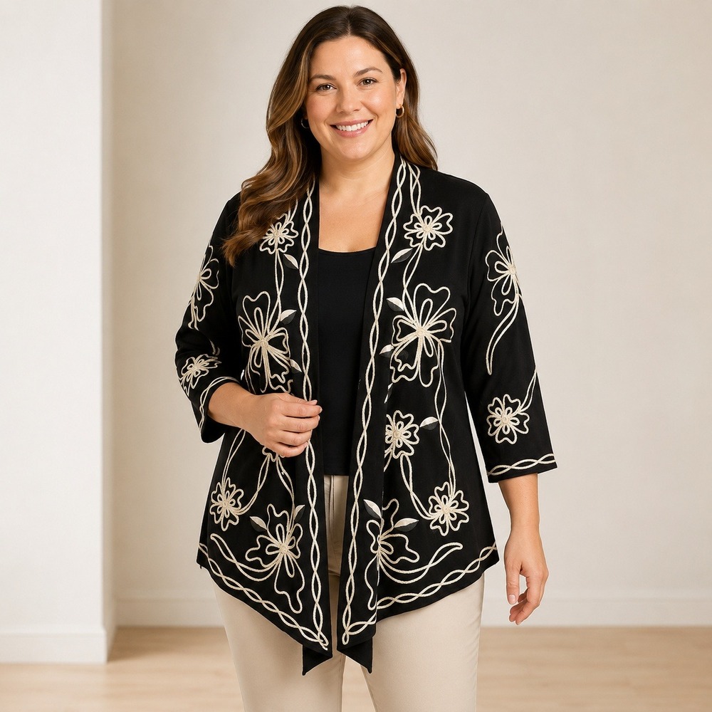 Lauren‎ Michelle Embroidered Open Front Jacket Black Floral 3/4 Sleeve Women's L
